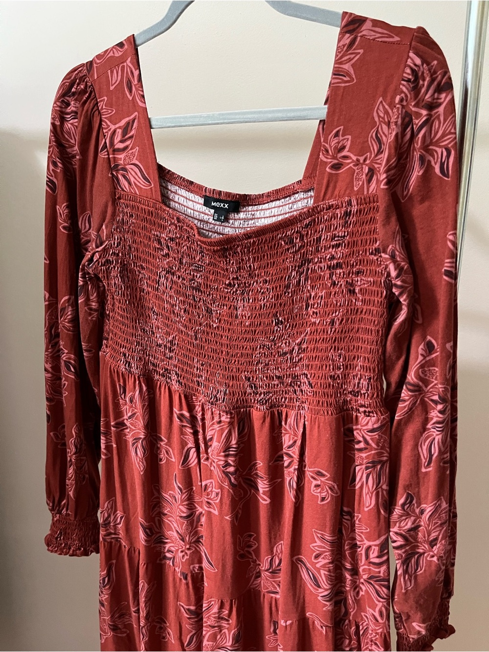 Mexx Rust Red Floral Smocked Long-Sleeve Midi Dress